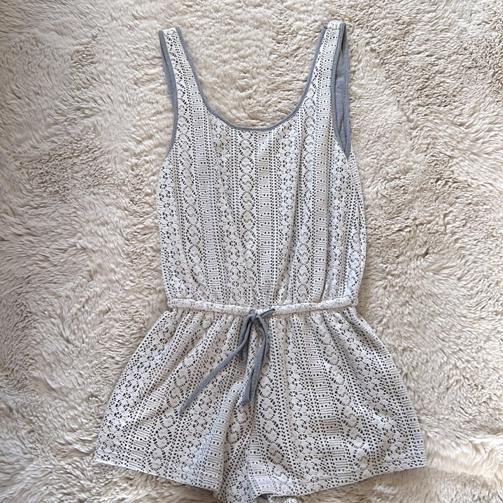 White lace romper with gray underlay